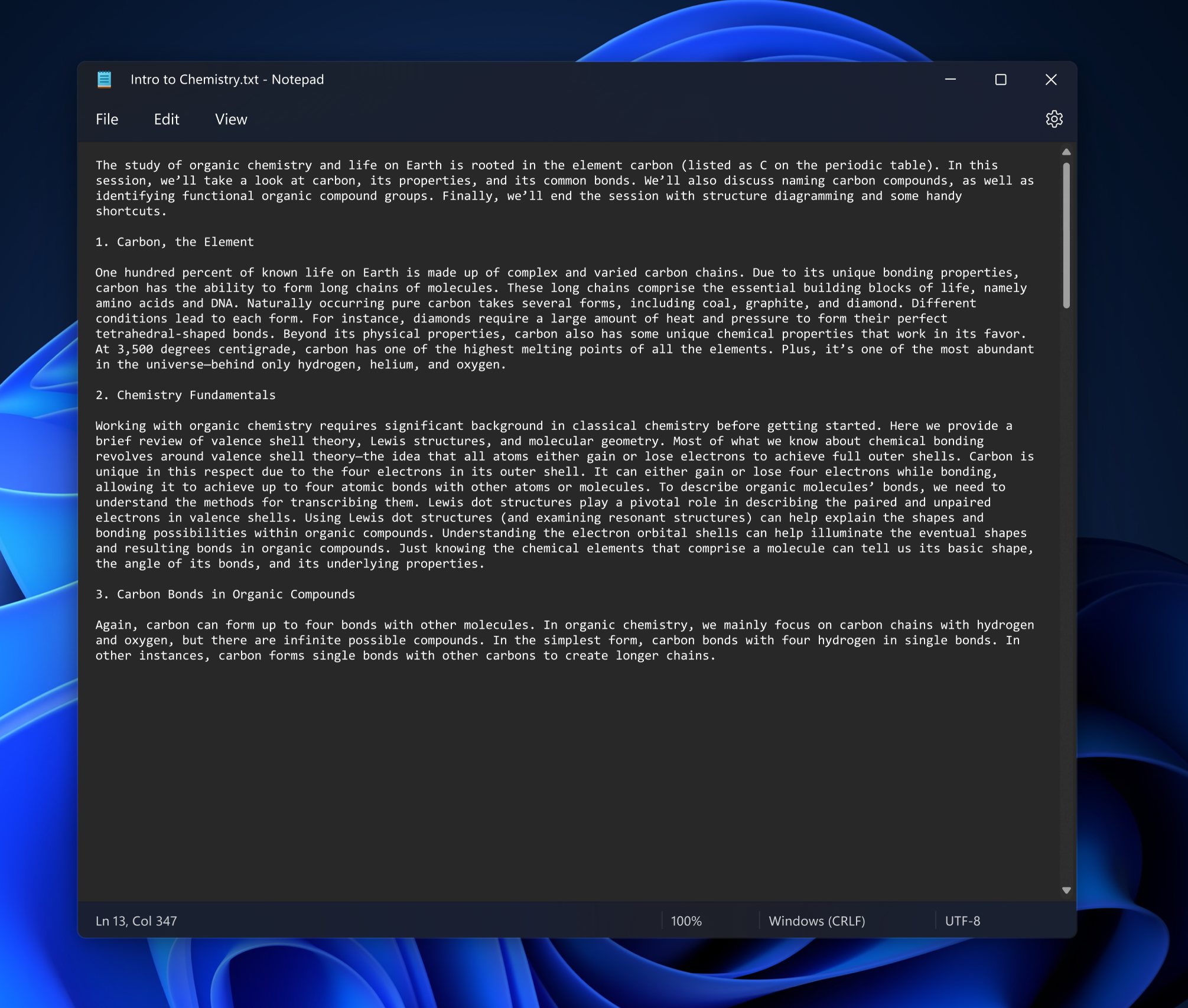 The redesigned Notepad for Windows 11 in the all-new dark theme.