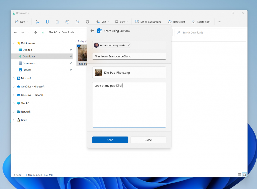 Share a local file via Outlook in File Explorer a compose an email without leaving the share window.