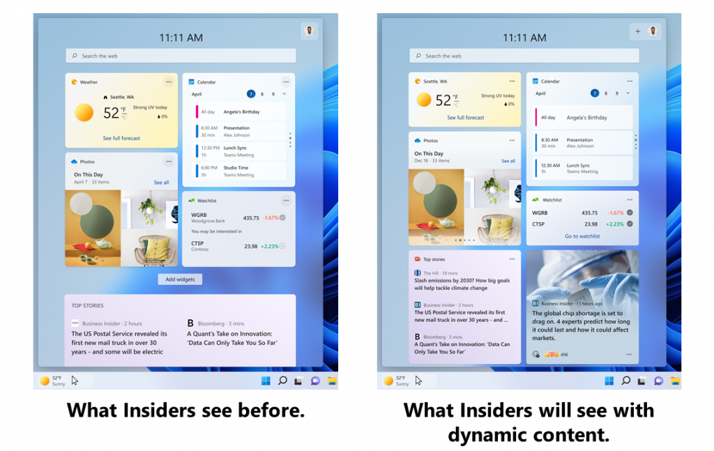 The Widgets board Insiders see before and how it will look with dynamic content.