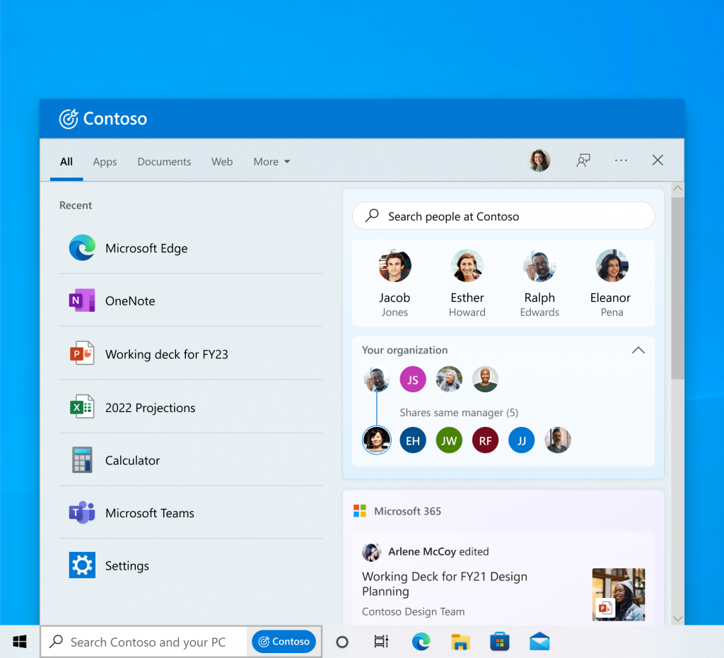 Search on the taskbar showing an experience for an organization, Contoso. Search on the taskbar showing an experience for an organization, Contoso.