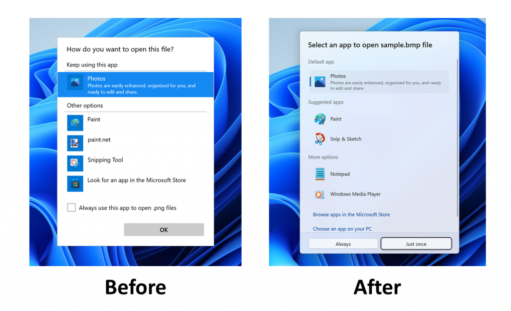 The “Open with” dialog before and after with the updated design. The “Open with” dialog before and after with the updated design.
