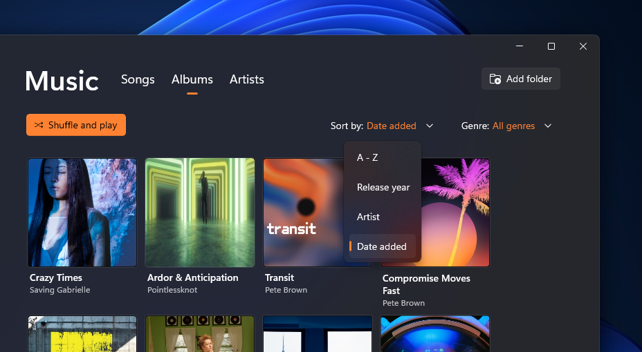 The albums page in Media Player sorted by the new date added sort option.