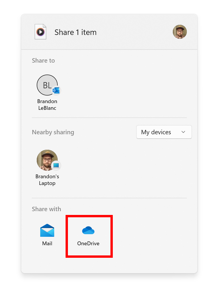 You can choose OneDrive as a target to directly upload the file to OneDrive via the built-in Windows share window.