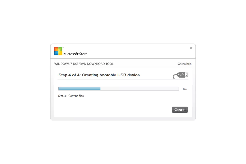 Copying files status screen in the Windows 7 USB/DVD download tool