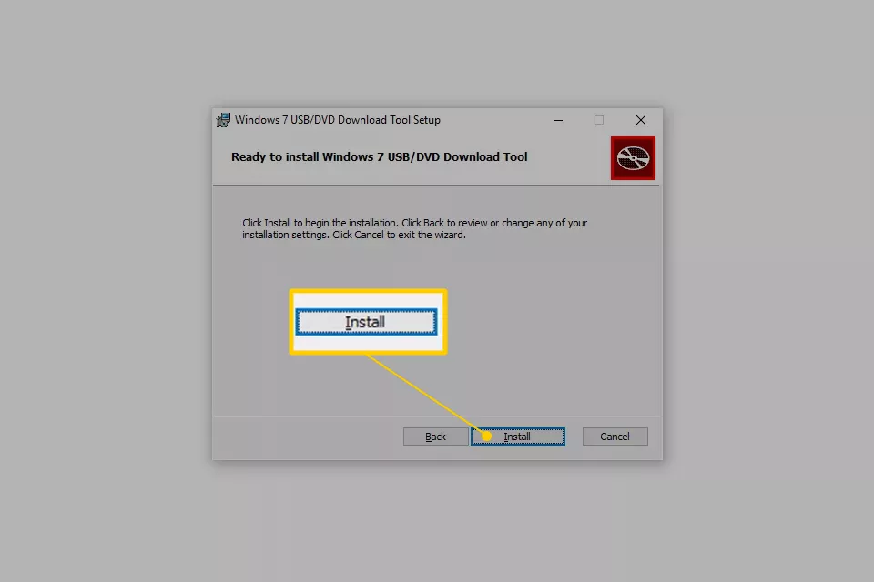 Install button for Windows 7 USB/DVD Download Tool Setup