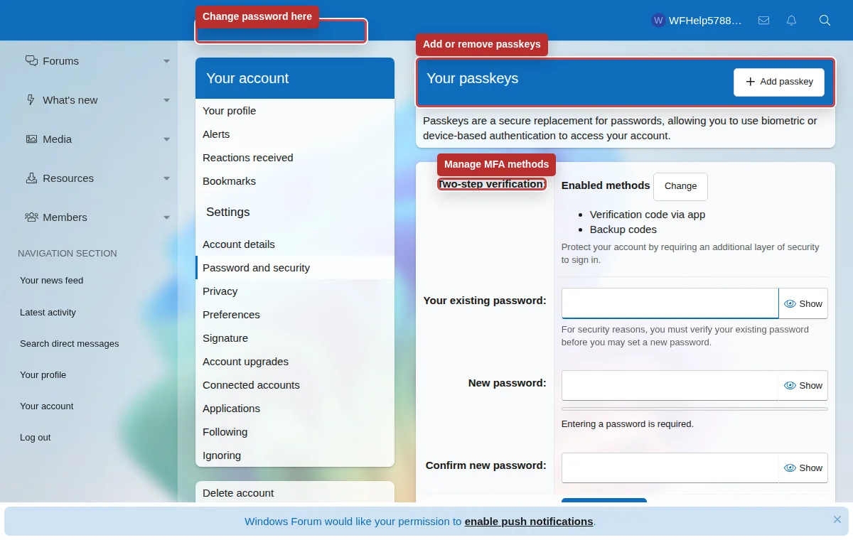 Annotated account security and two-step verification controls