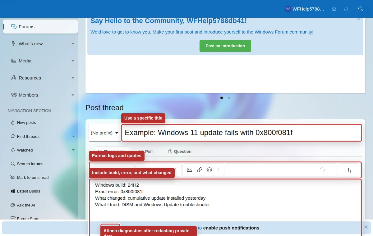 Annotated support post with title, details, formatting, and attachments