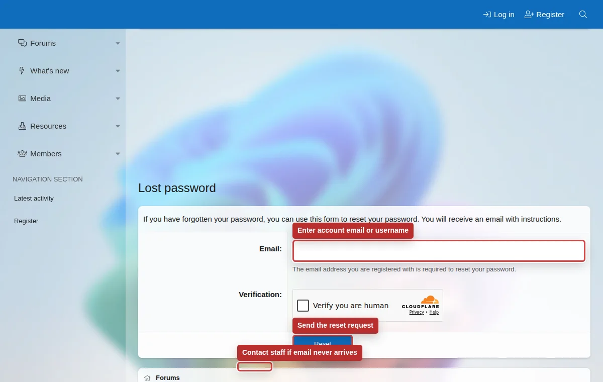 Annotated troubleshooting checklist for forum access problems